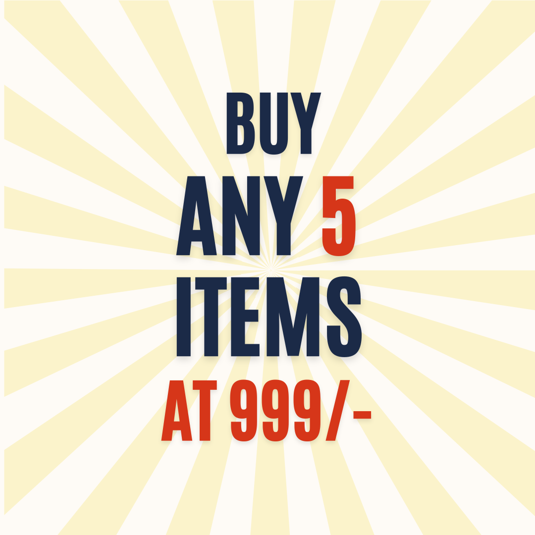 Promotional text 'Buy any 5 items at 999/' on a yellow radial background