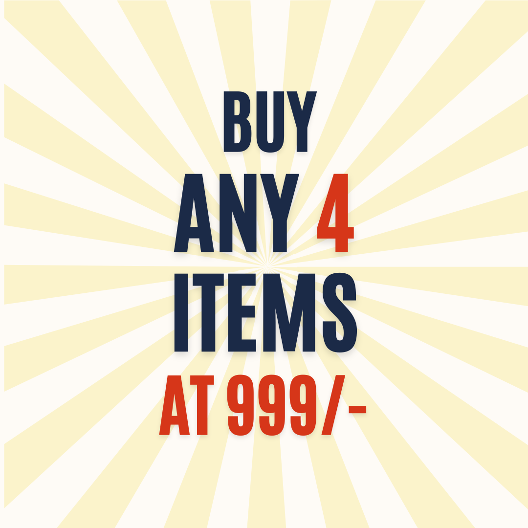 Promotional text 'Buy any 4 items at 999/' on a yellow radial background