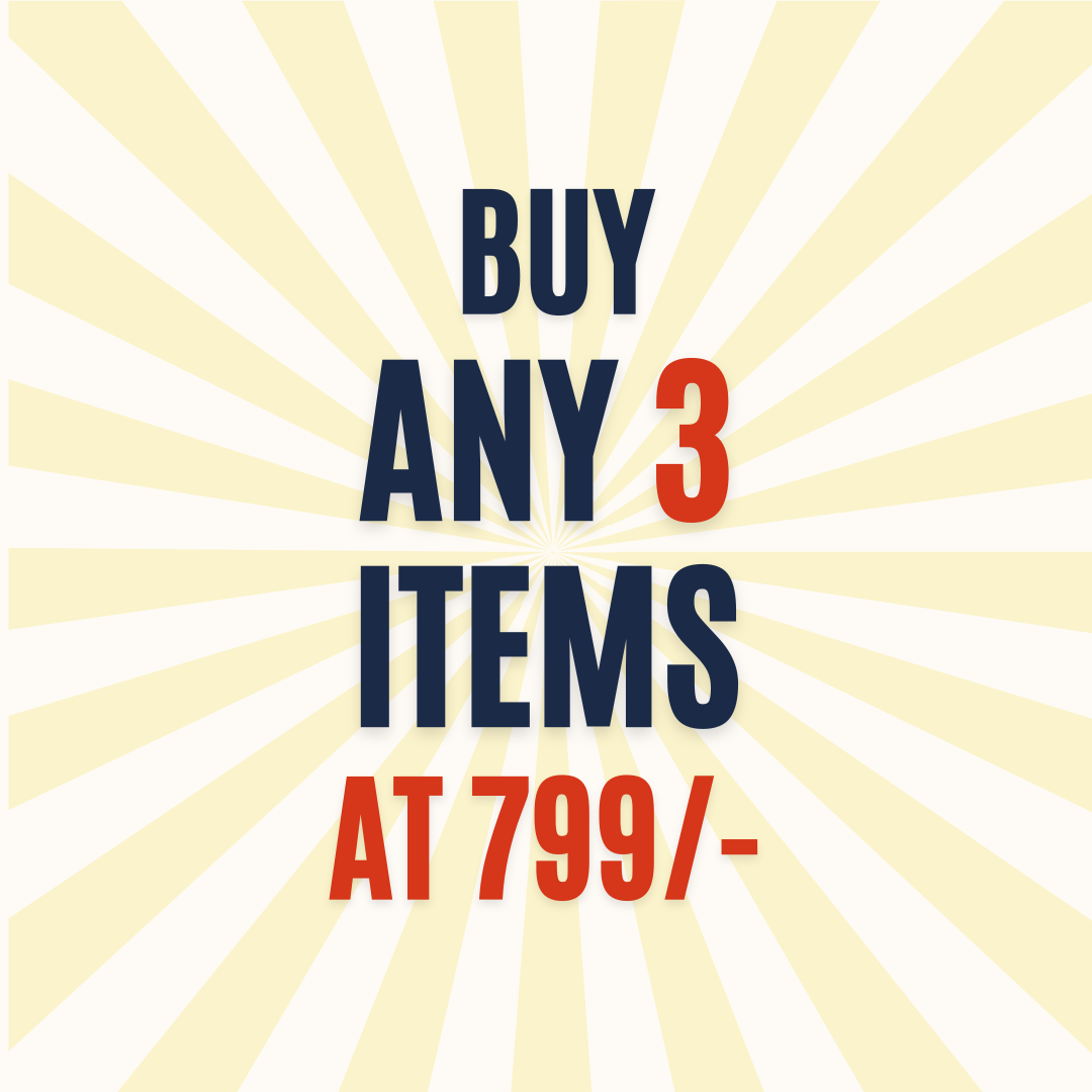 Promotional text 'Buy any 3 items at 799/' on a yellow radial background