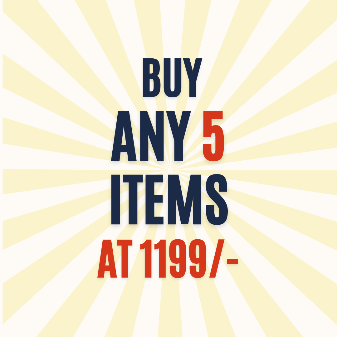 Promotional text 'Buy any 5 items at 1199/-' on a yellow radial background