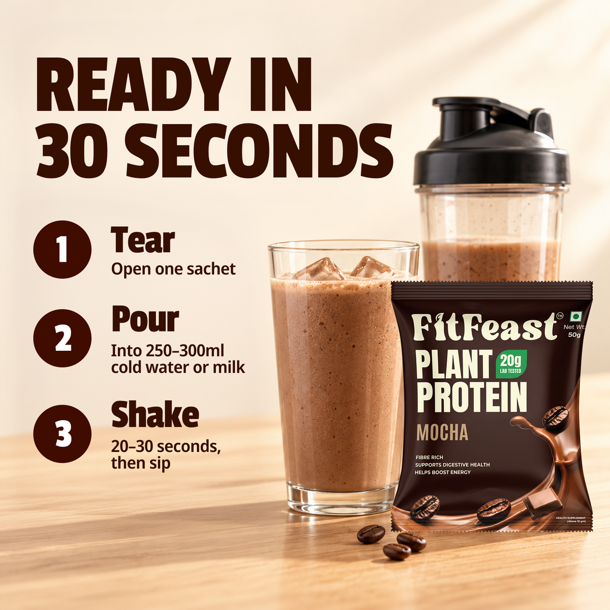 Plant Protein Sachets | Mocha, 20g Protein | Fibre-Rich