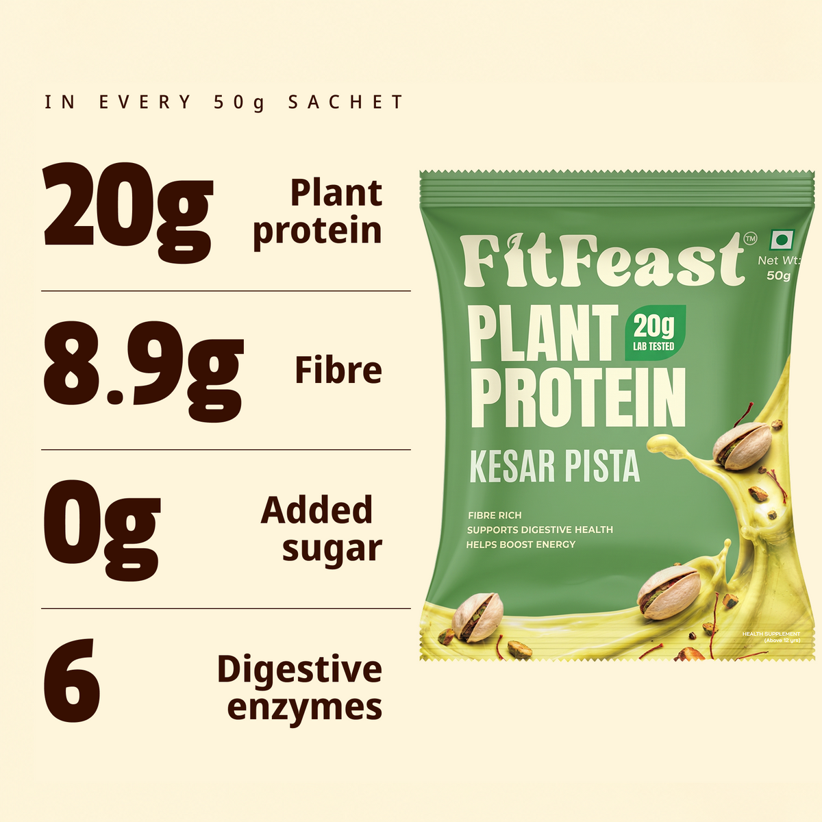 Plant Protein Sachets | Kesar Pista, 20g Protein | Fibre-Rich