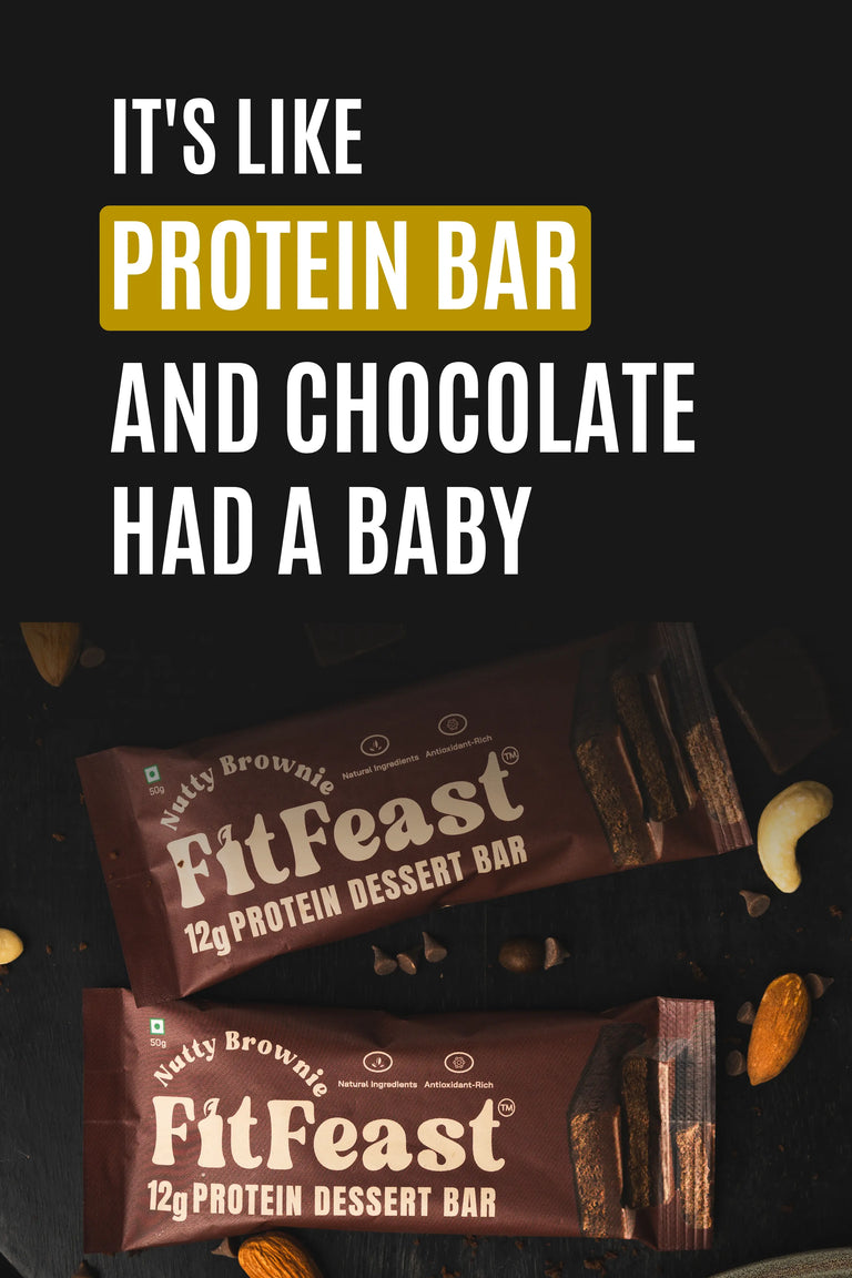 FitFeast protein dessert bars with text on a dark background