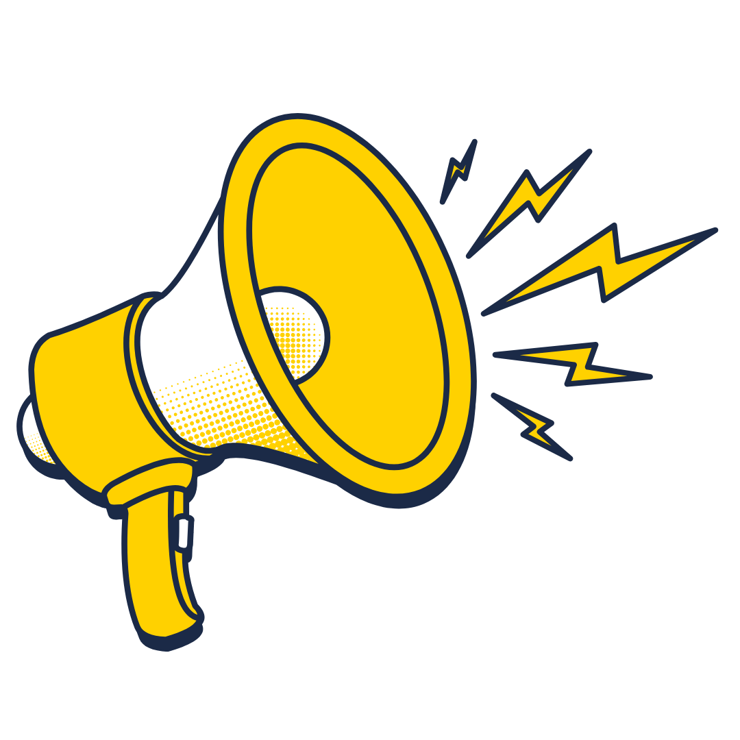 Yellow megaphone with lightning bolts on a white background