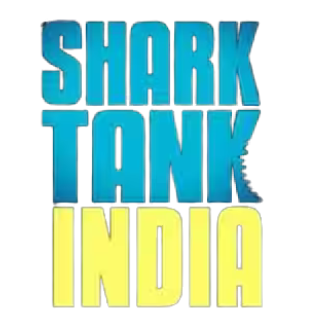 Shark Tank India logo with blue and yellow text on a white background